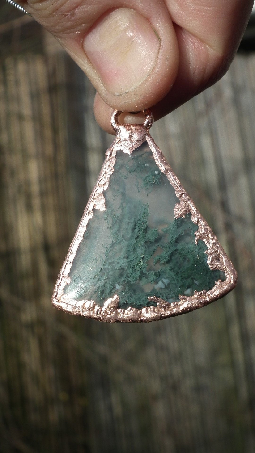 Copper formed Mossagate pendant // Free Copper chain!