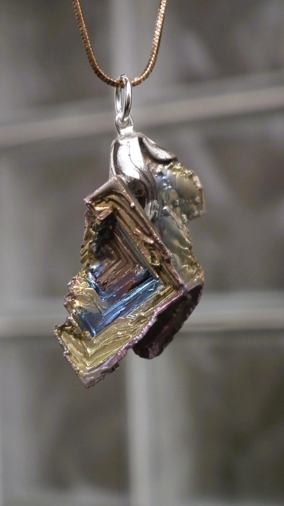 Bismuth crystal necklace with silverplated bail