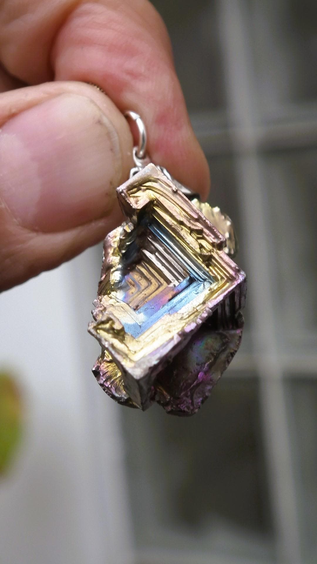 Bismuth crystal necklace with silverplated bail