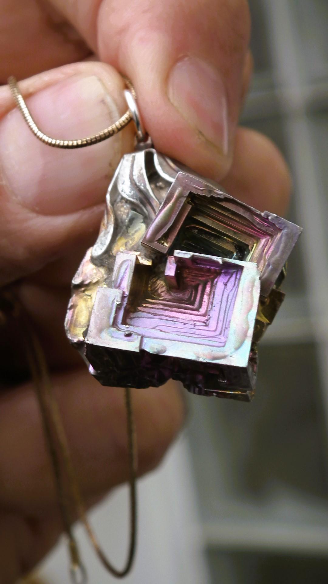 Bismuth crystal pendant with silverplated bail