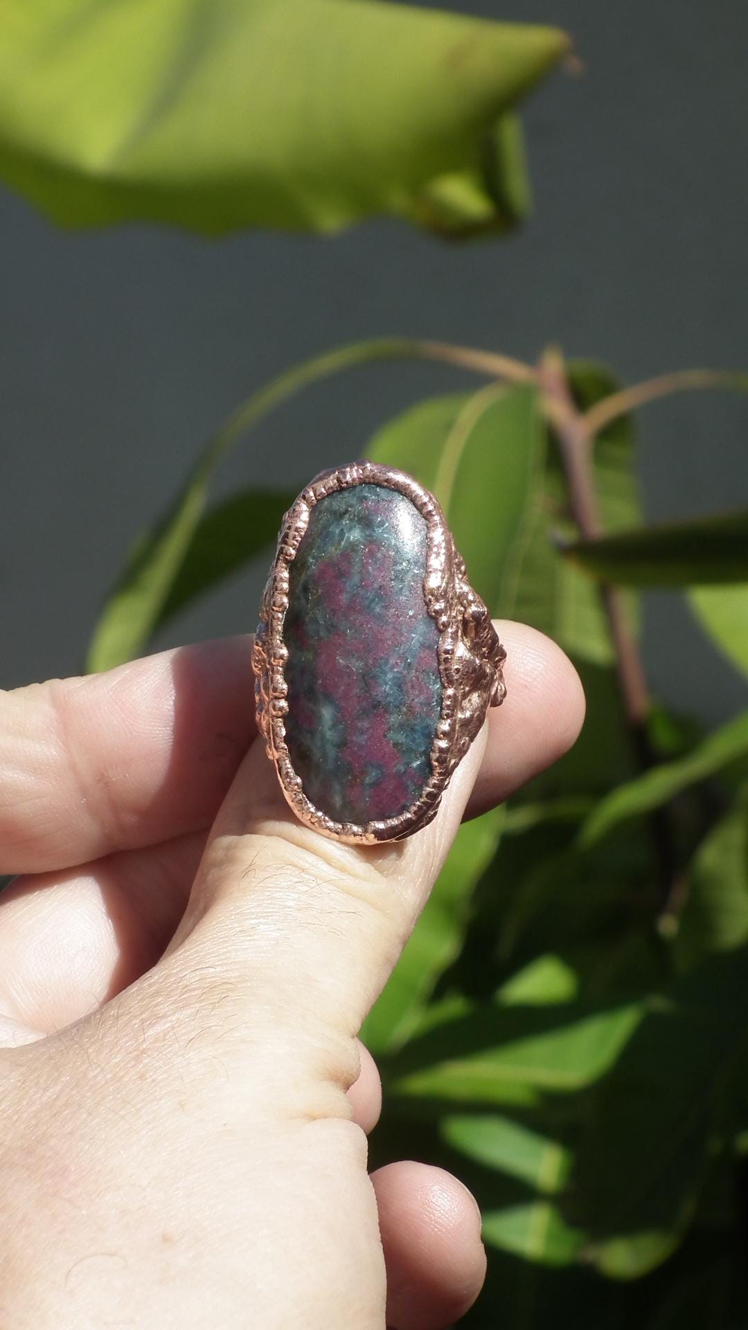 Electroformed Copper Ruby in Kyanite ring
