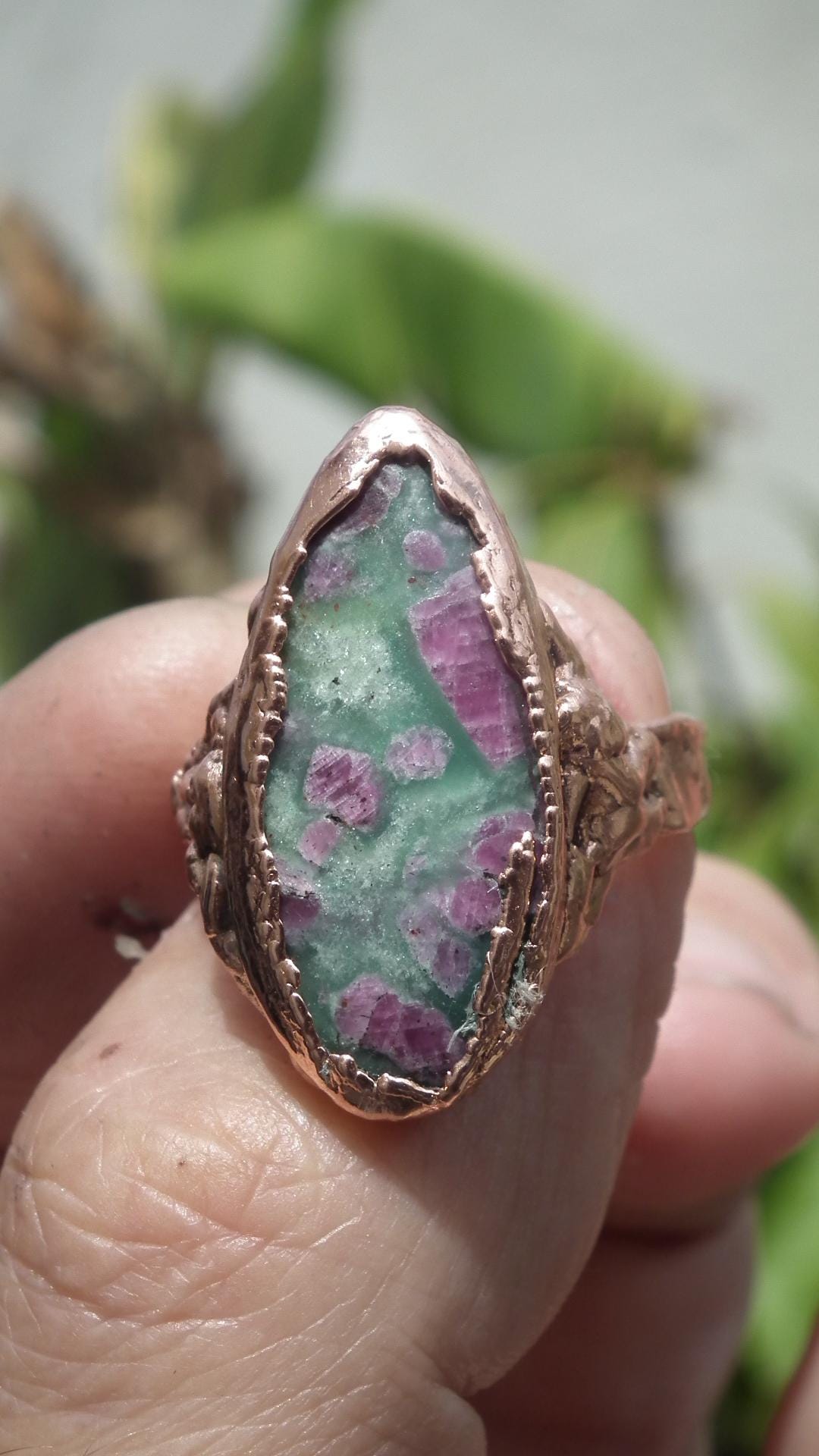 Electroformed Copper Ruby fuchsite ring