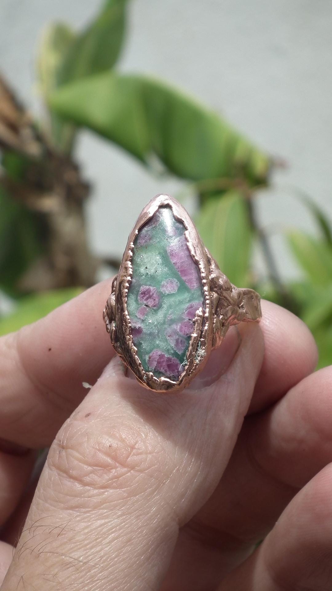 Electroformed Copper Ruby fuchsite ring