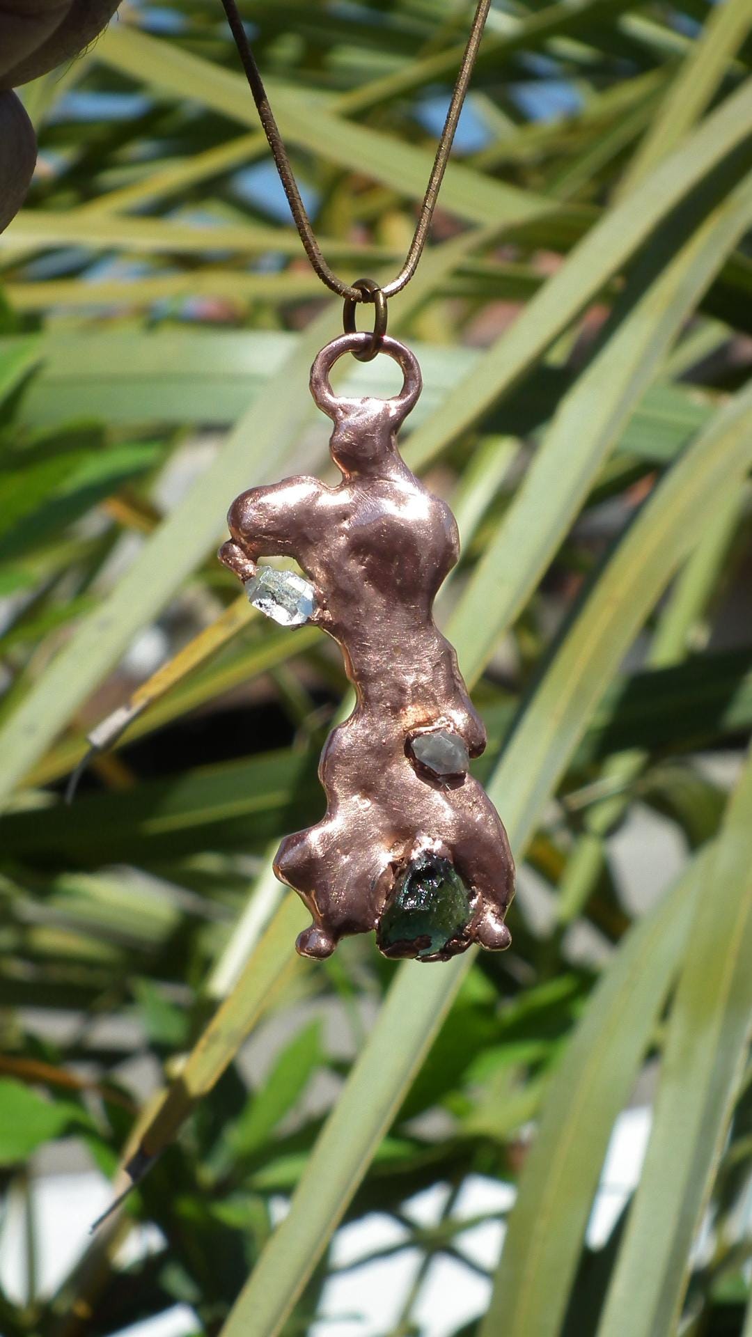 Electroformed Copper moldavite pendant with Herkimer Diamond