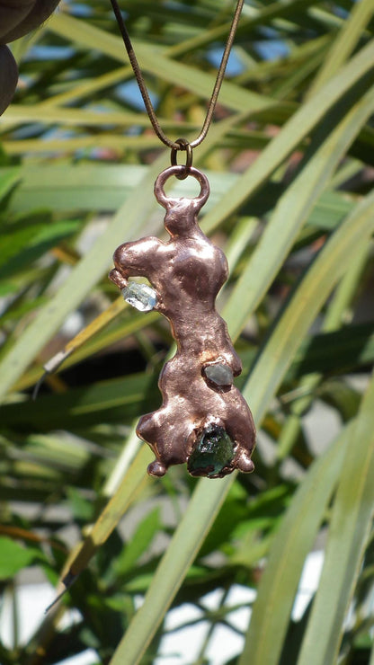 Electroformed Copper moldavite pendant with Herkimer Diamond