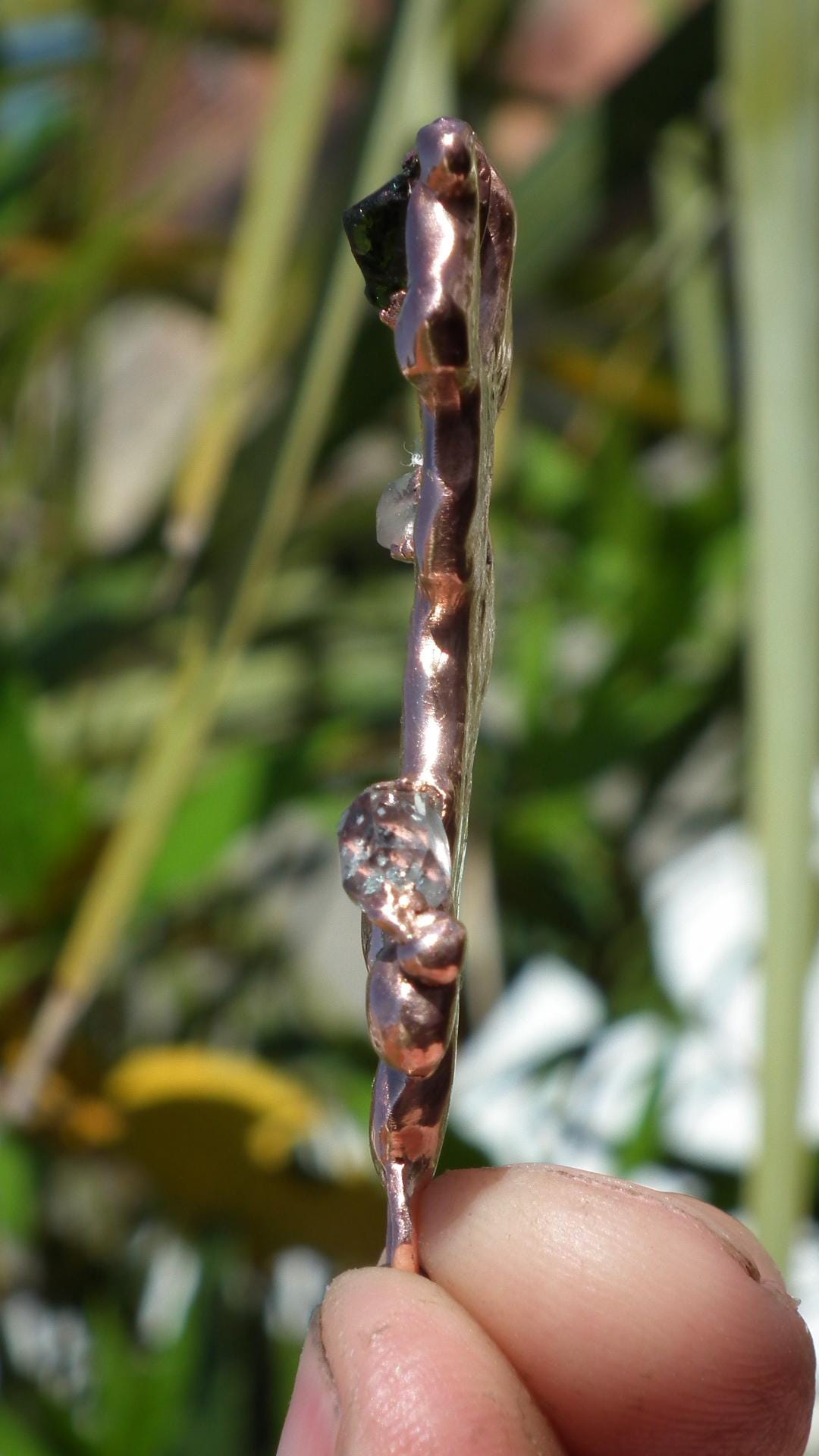 Electroformed Copper moldavite pendant with Herkimer Diamond