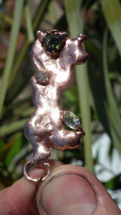 Electroformed Copper moldavite pendant with Herkimer Diamond