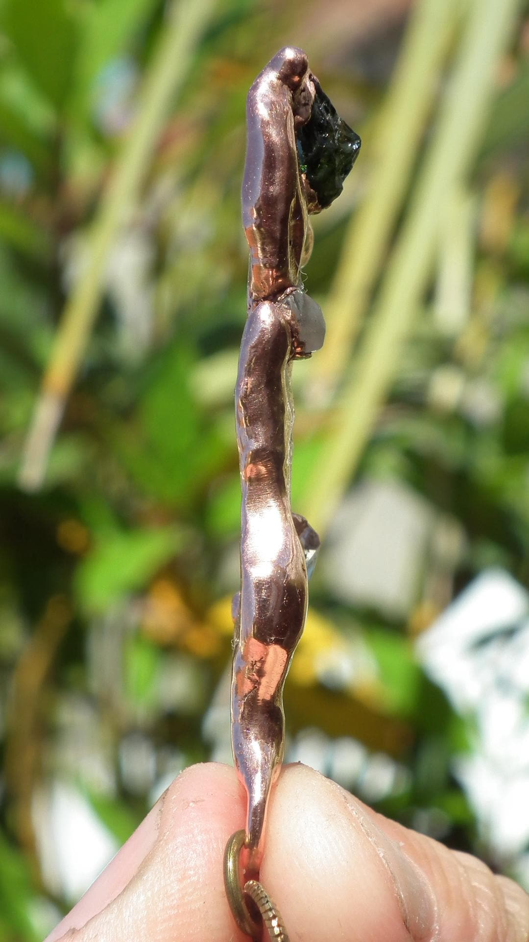 Electroformed Copper moldavite pendant with Herkimer Diamond