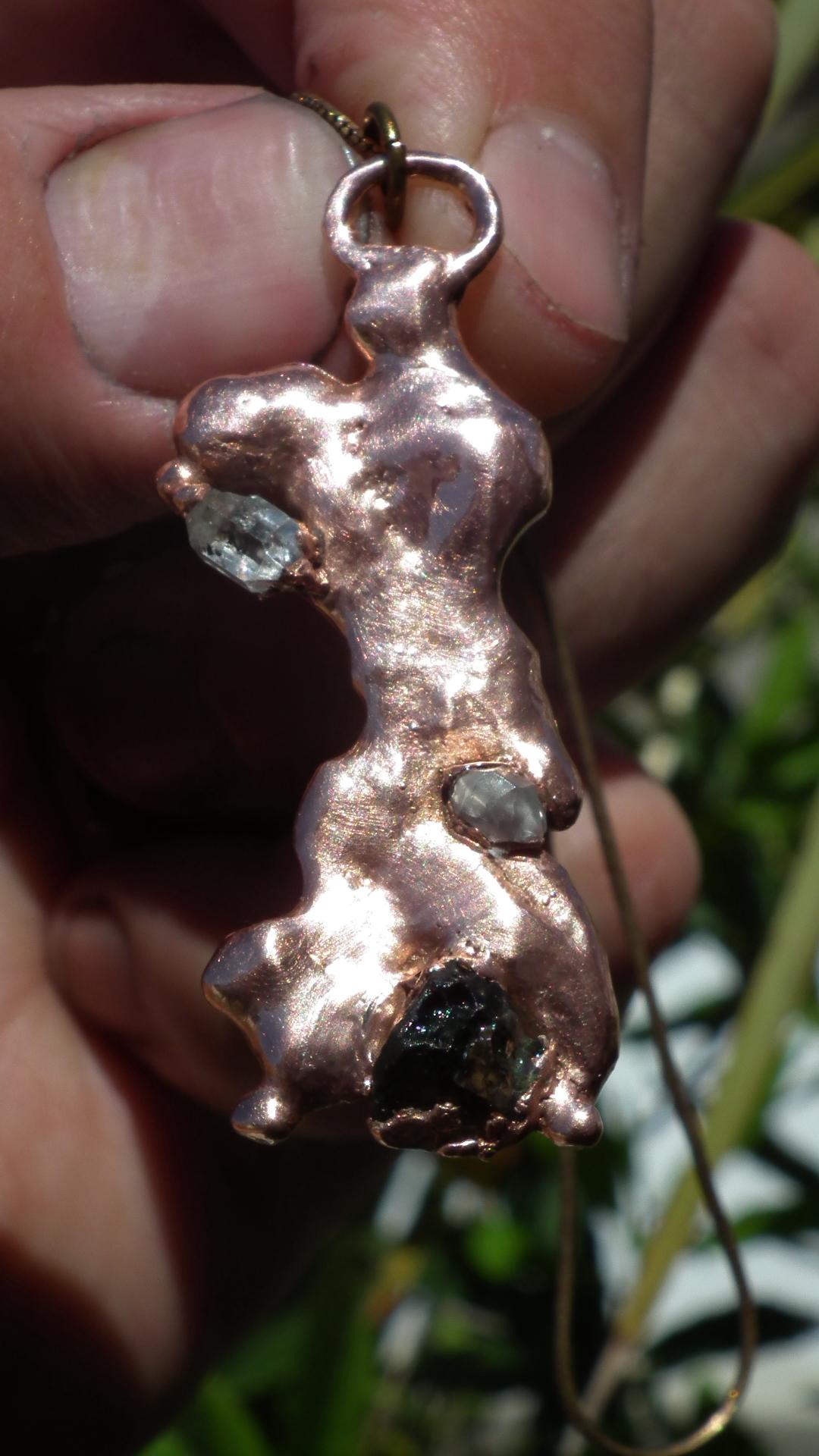 Electroformed Copper moldavite pendant with Herkimer Diamond