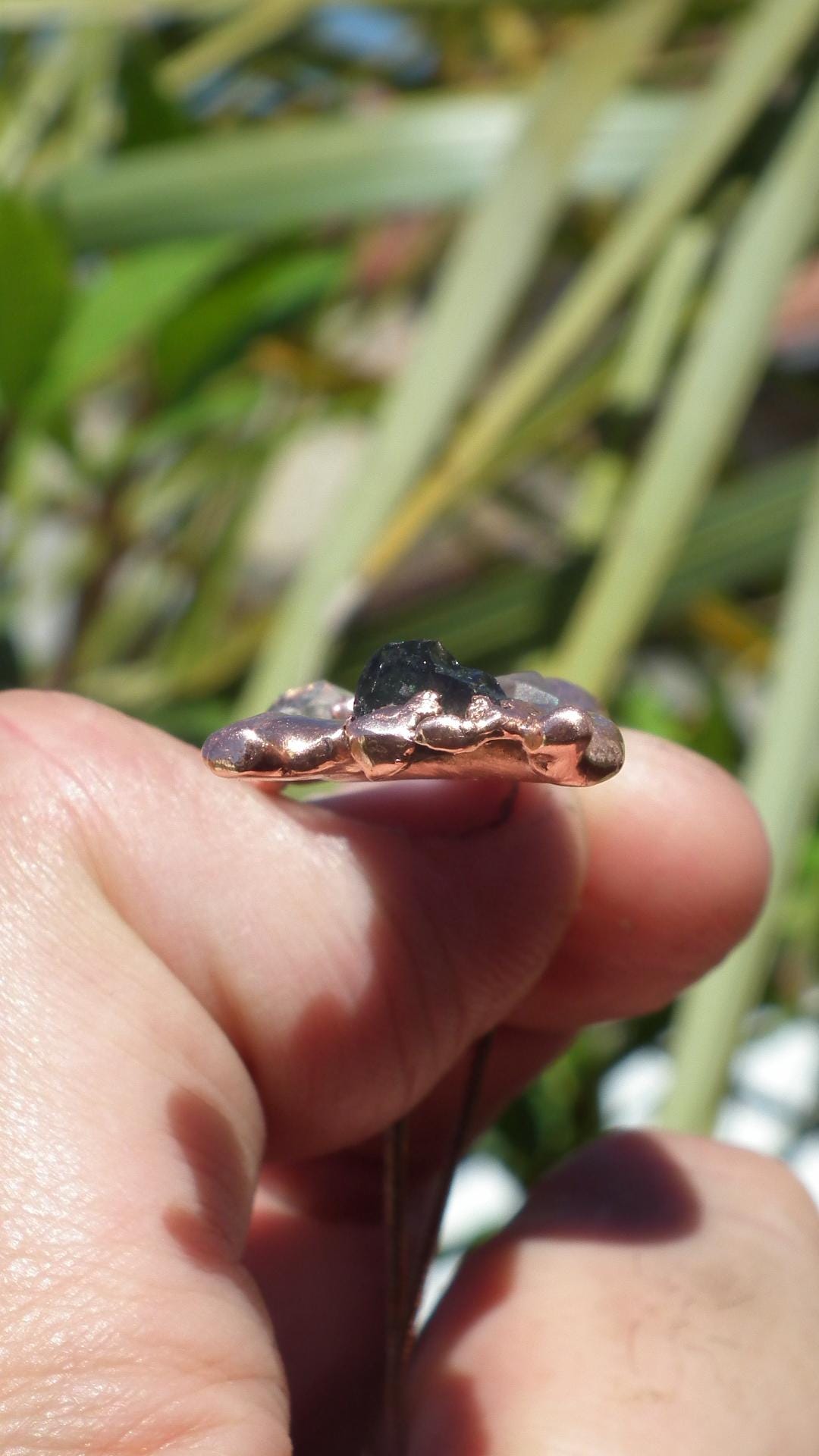 Electroformed Copper moldavite pendant with Herkimer Diamond
