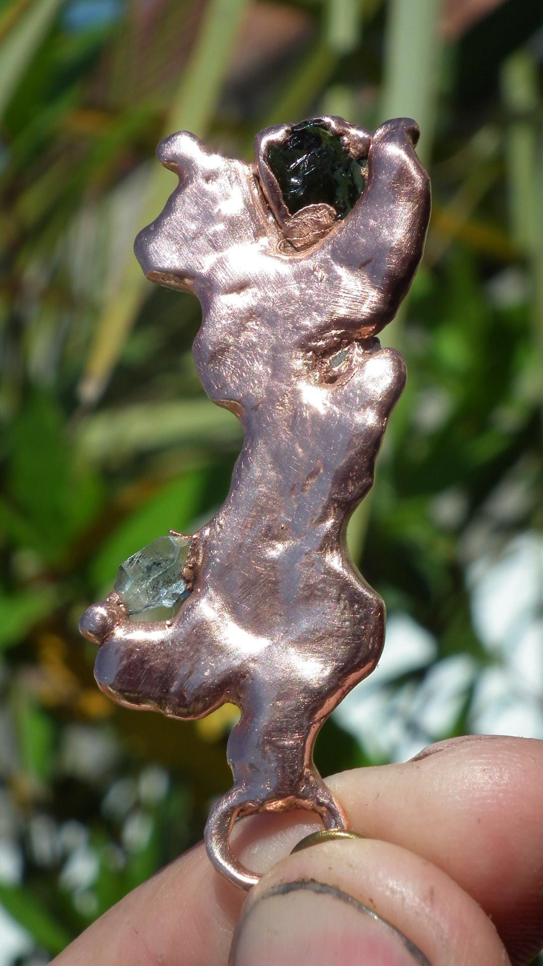 Electroformed Copper moldavite pendant with Herkimer Diamond