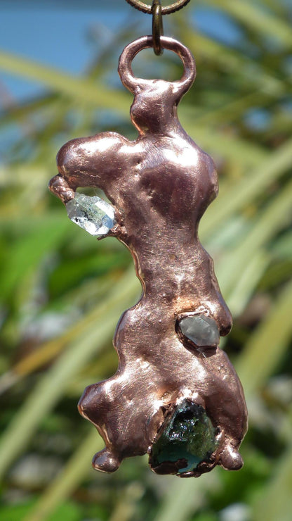 Electroformed Copper moldavite pendant with Herkimer Diamond