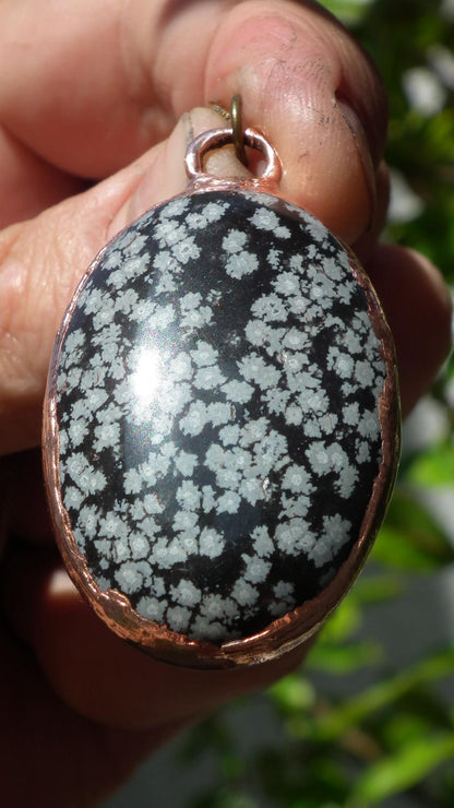 Electroformed Copper Snowflake obsidian pendant