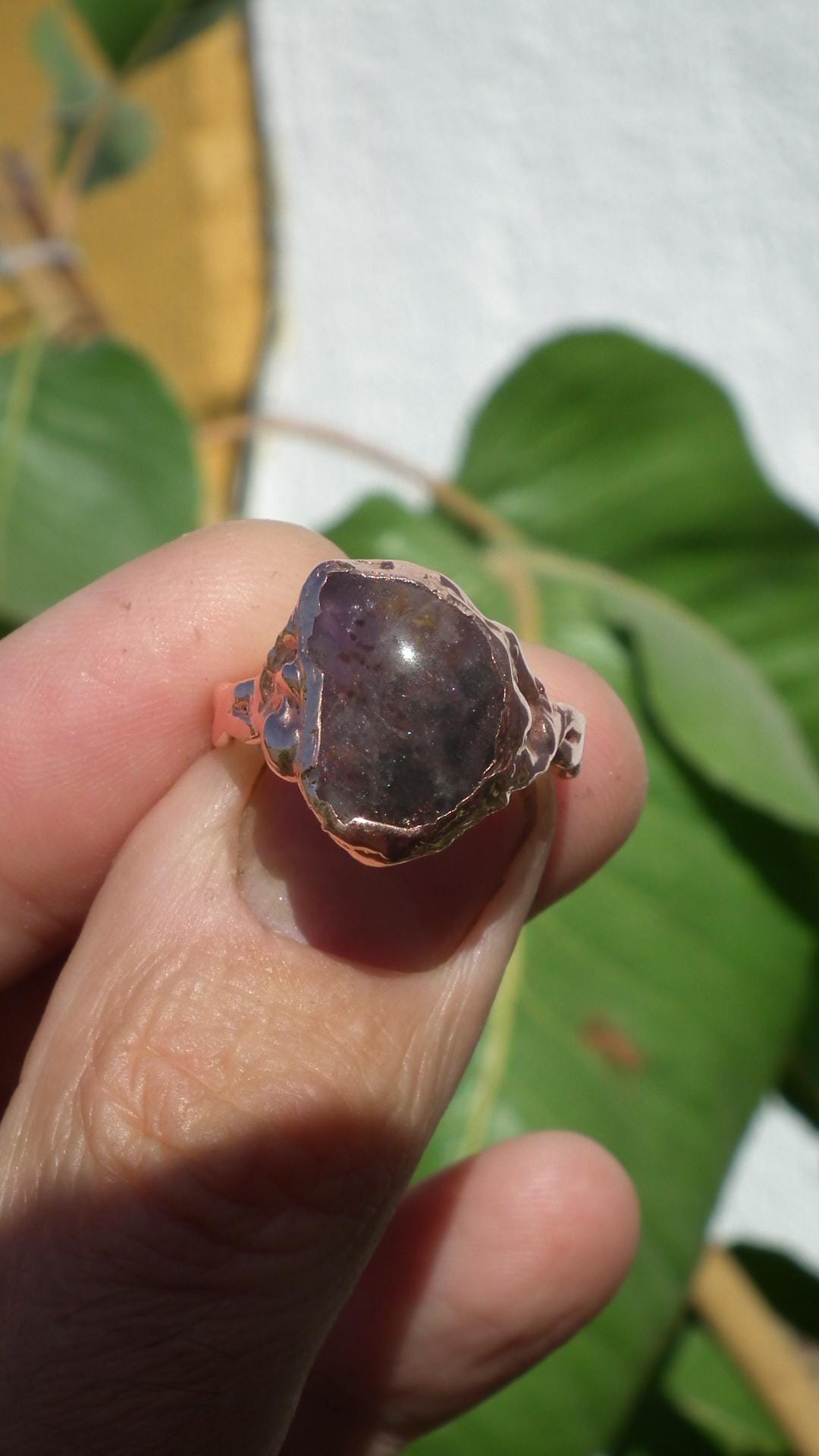 Electroformed copper Super 7 ring / Amethyst cacoxenite