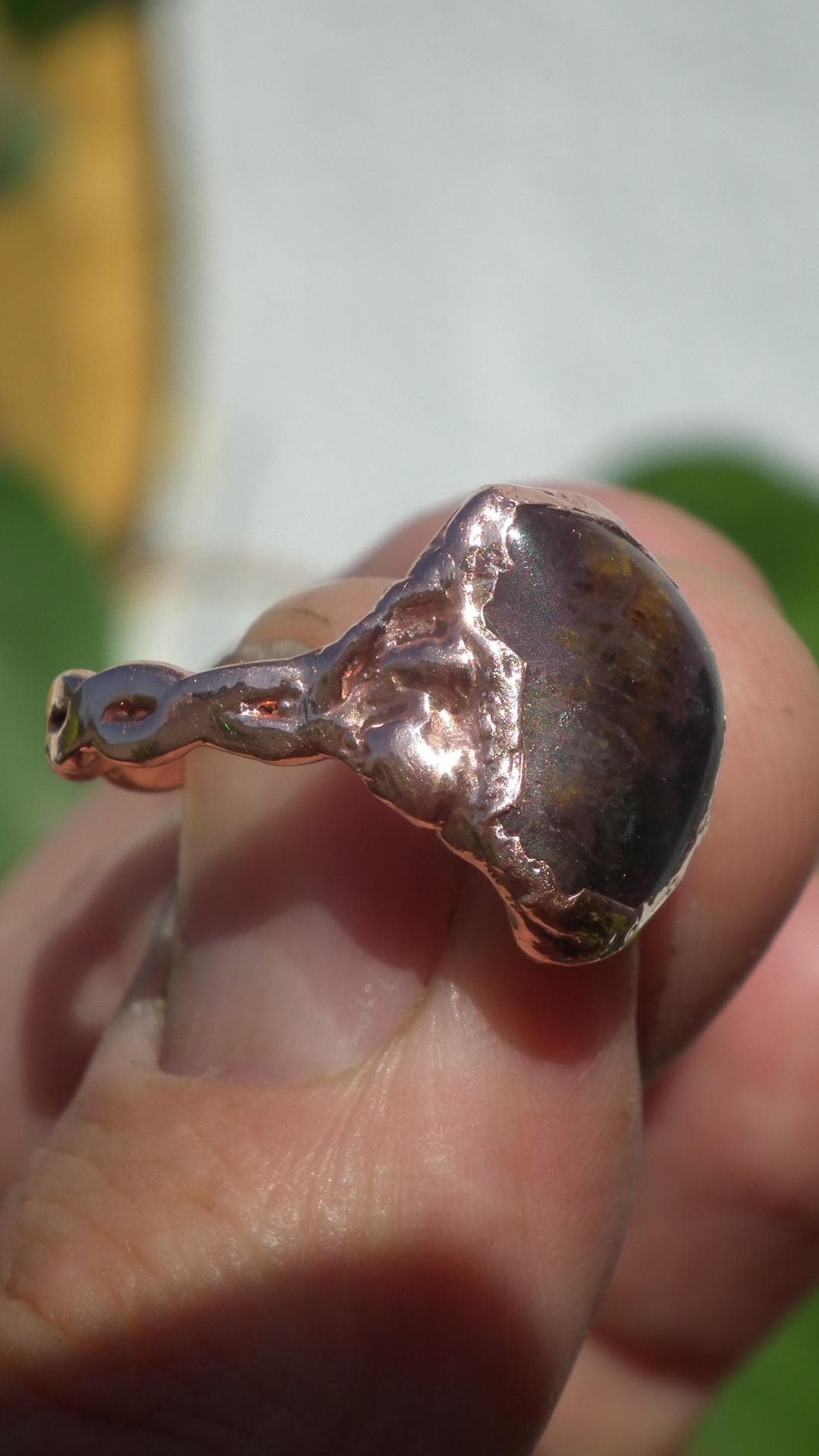 Electroformed copper Super 7 ring / Amethyst cacoxenite