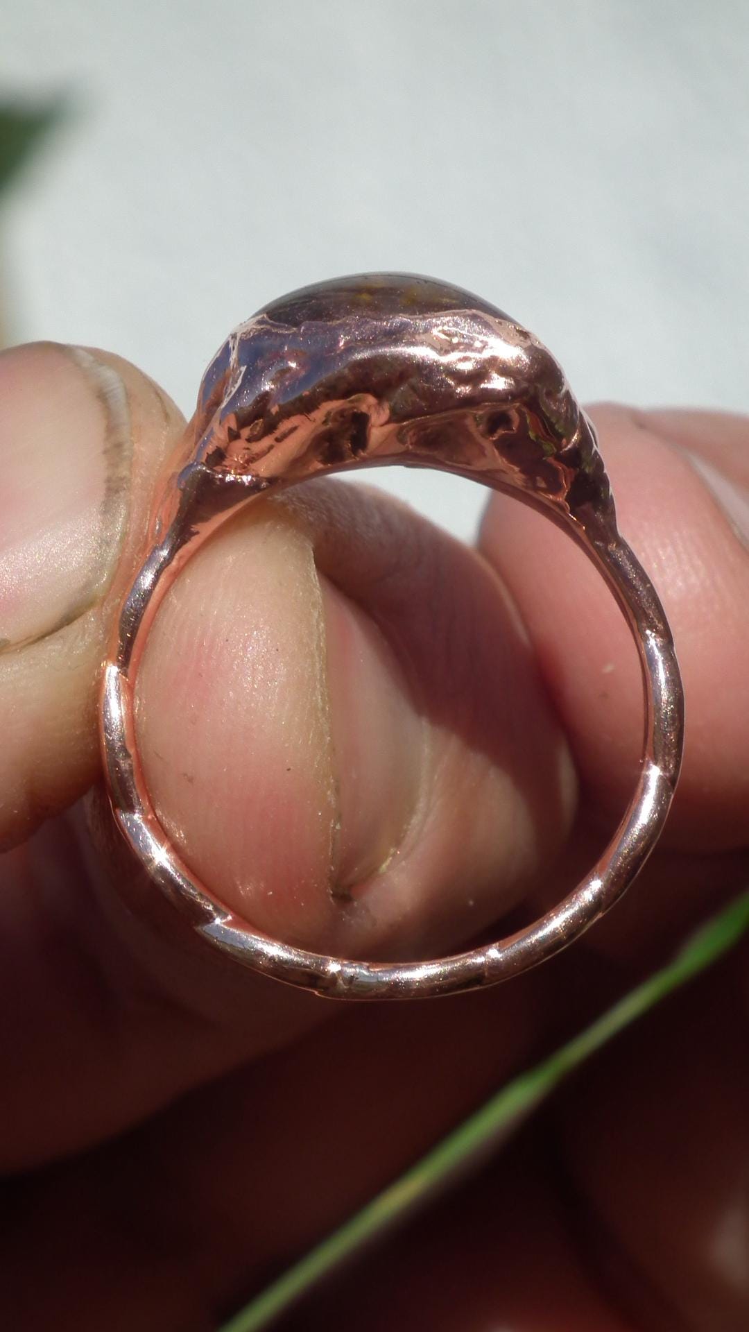 Electroformed copper Super 7 ring / Amethyst cacoxenite