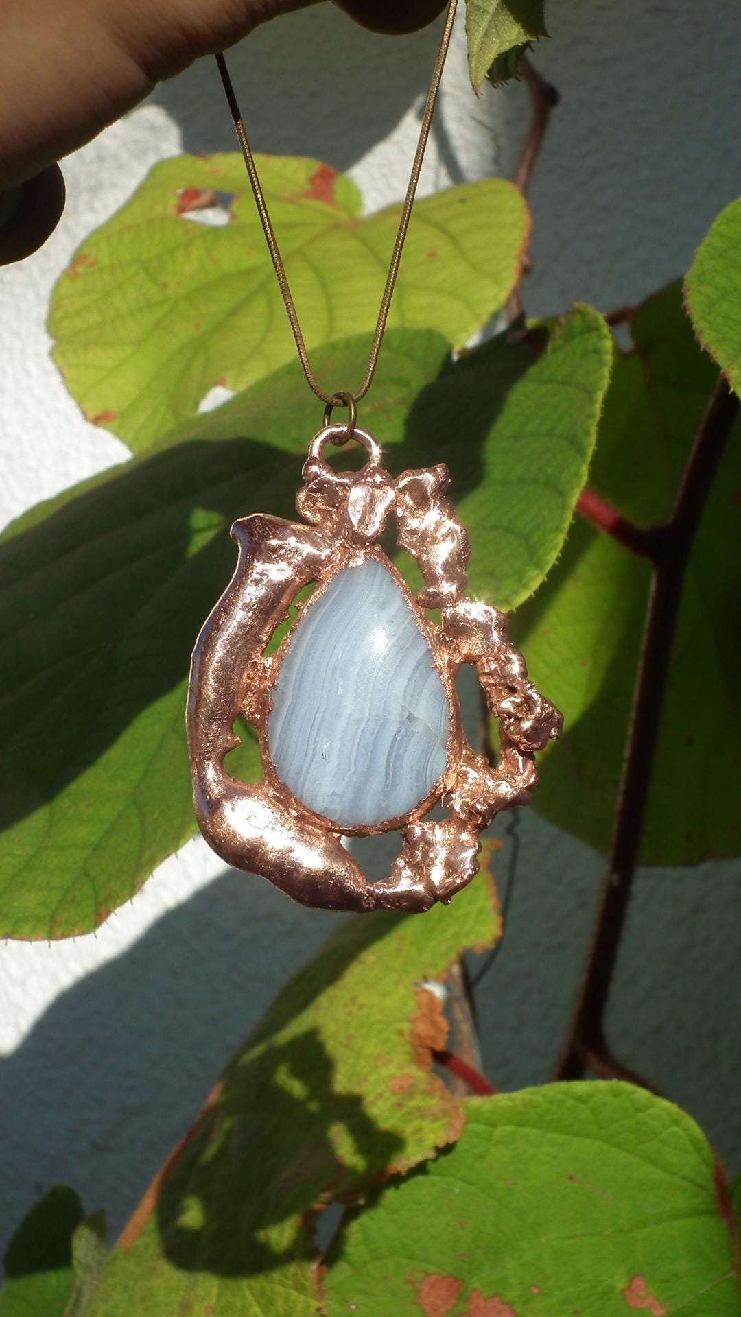 Blue lace agate necklage / red copper / Electroformed copper