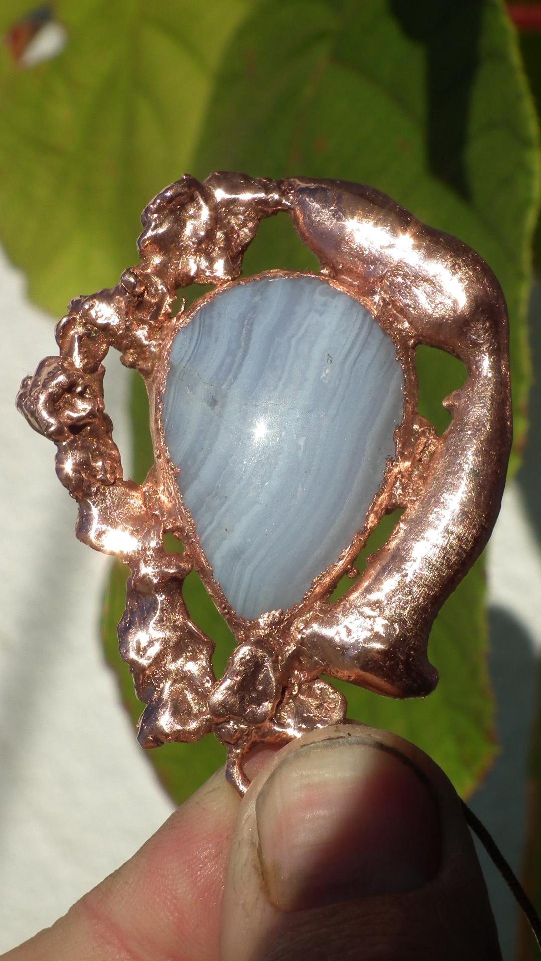 Blue lace agate necklage / red copper / Electroformed copper