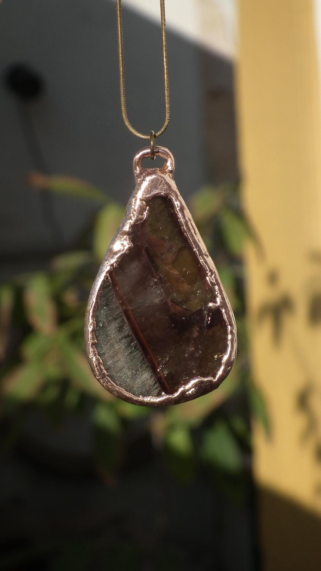 super 7 necklace // Amethyst cacoxenite //electroformed copper // Free Copper snake chain