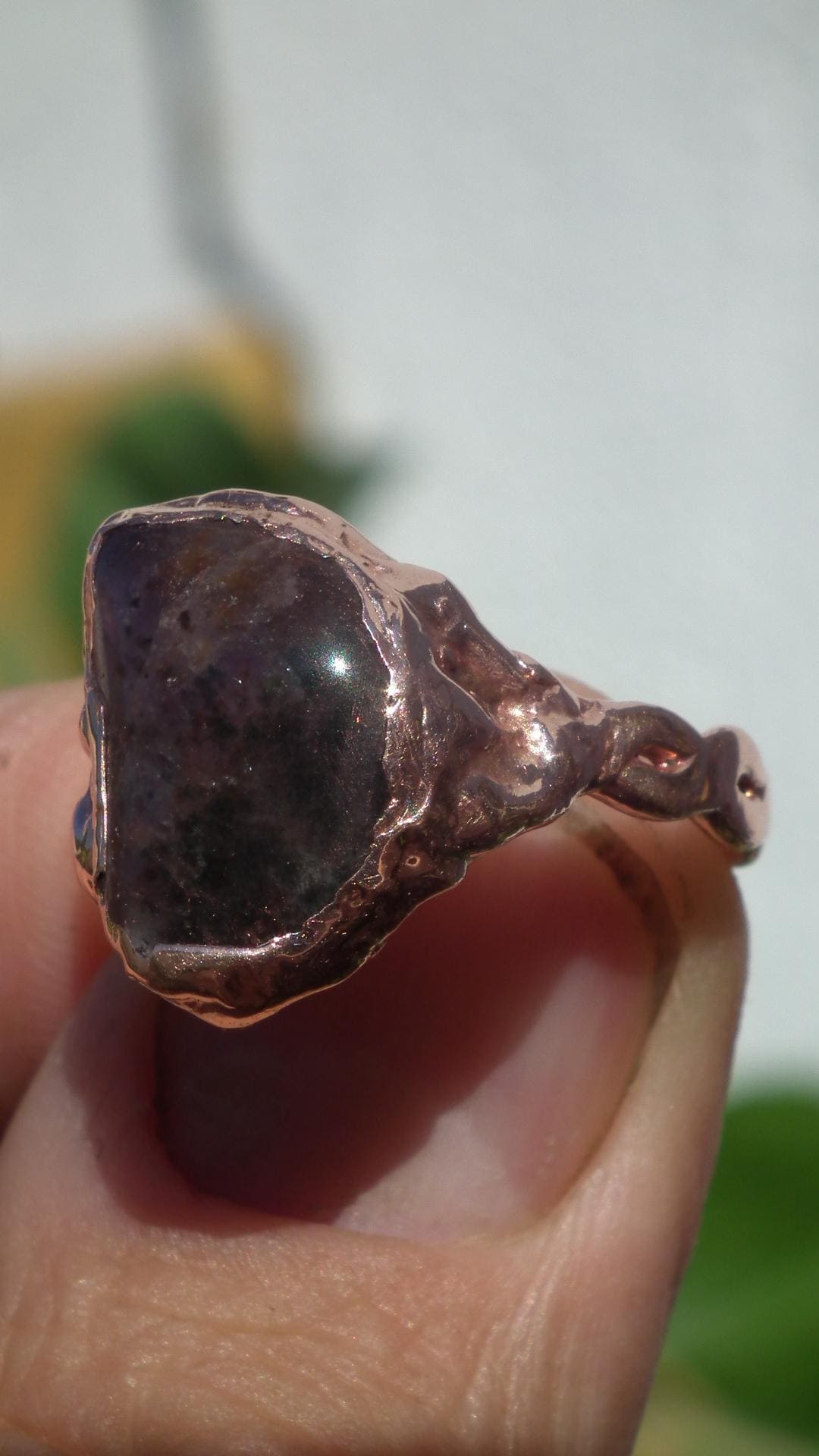 Electroformed copper Super 7 ring / Amethyst cacoxenite
