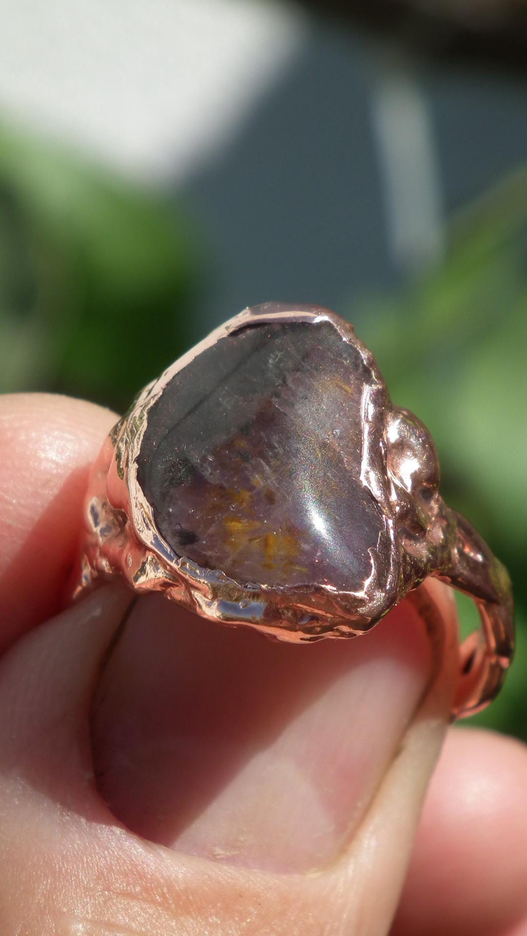 Electroformed copper Super 7 ring / Amethyst cacoxenite
