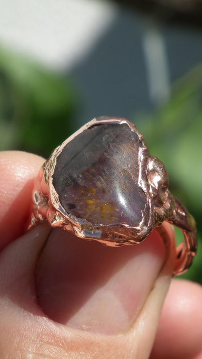 Electroformed copper Super 7 ring / Amethyst cacoxenite