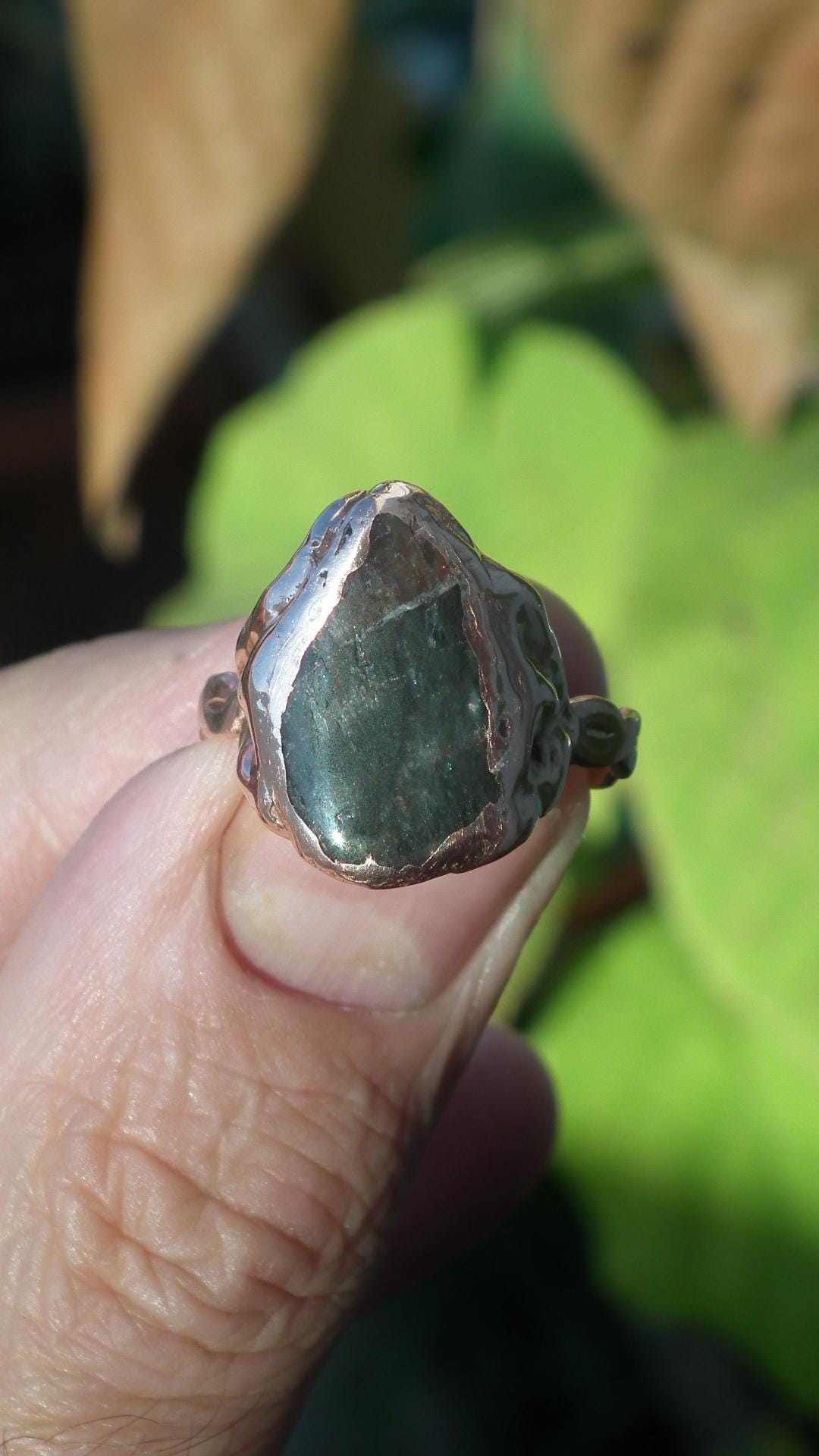 Electroformed copper Super 7 ring / Amethyst cacoxenite
