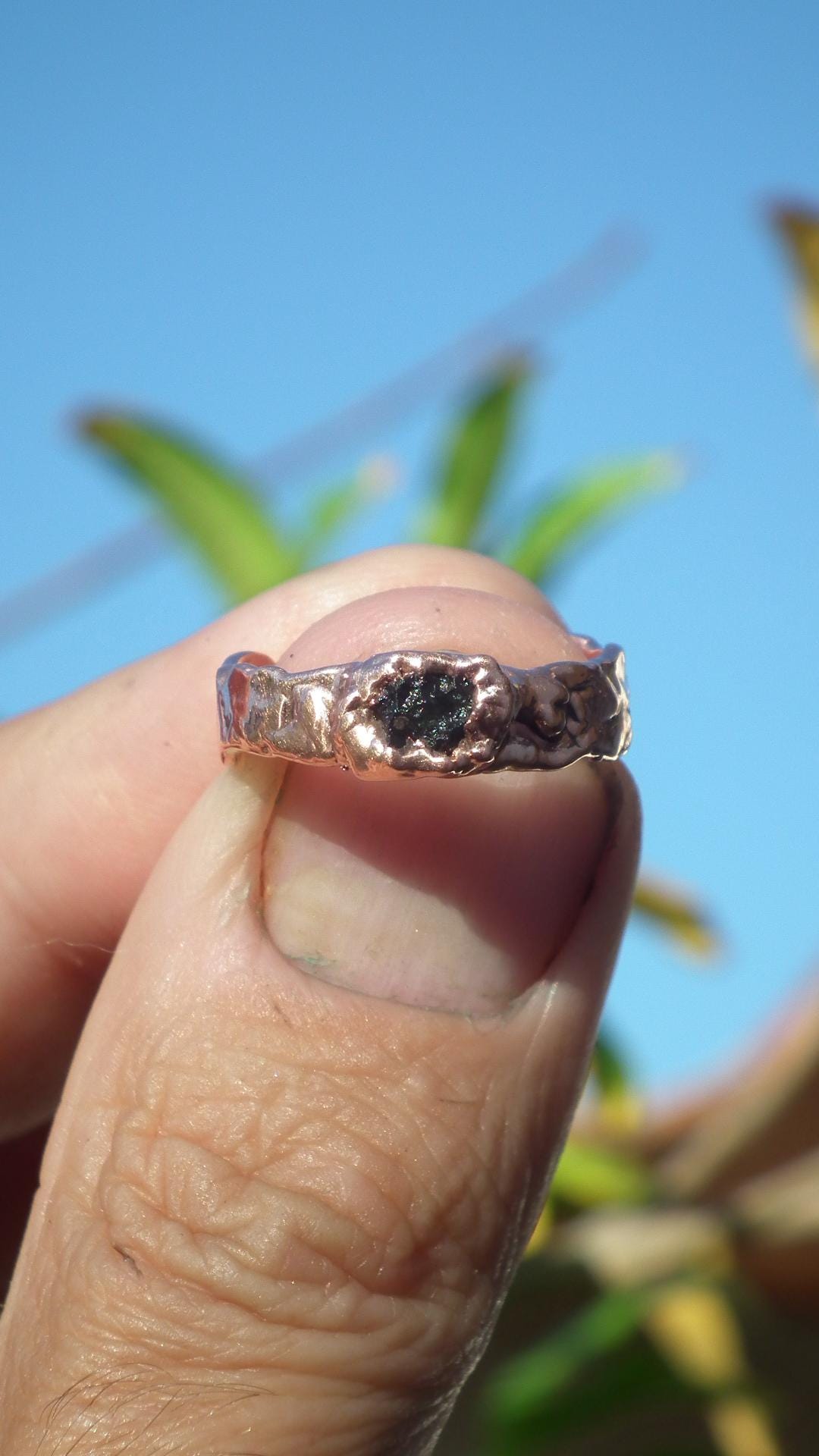 Moldavite ring / Electroformed Copper