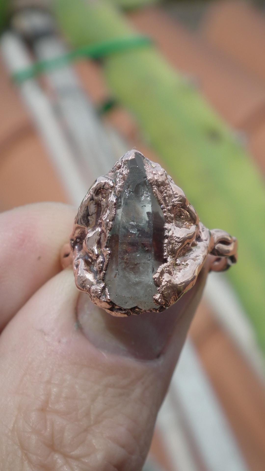 Enhydro crystal ring // Uv reactive crystal // Golden enhydro // Electroformed Copper