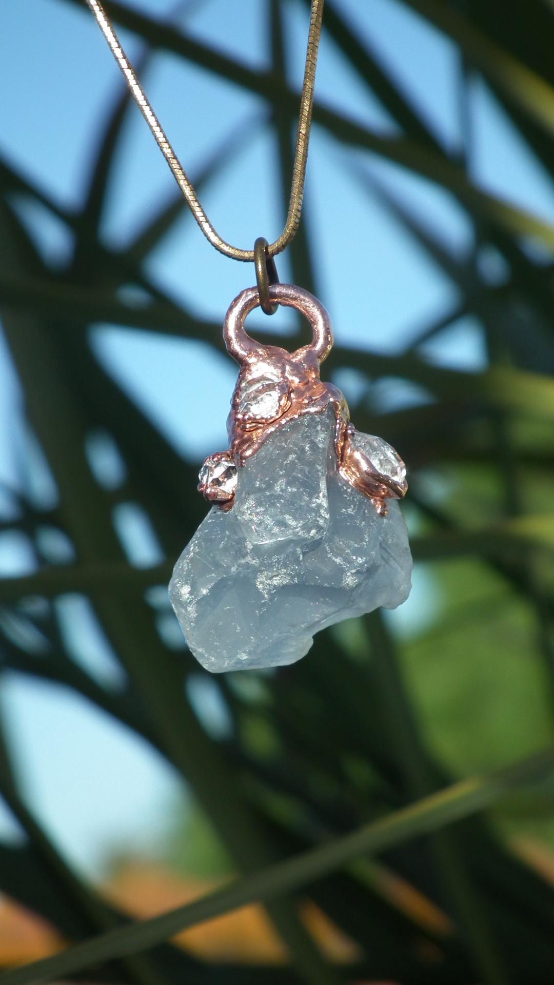 Celestite necklace with Herkimer diamond