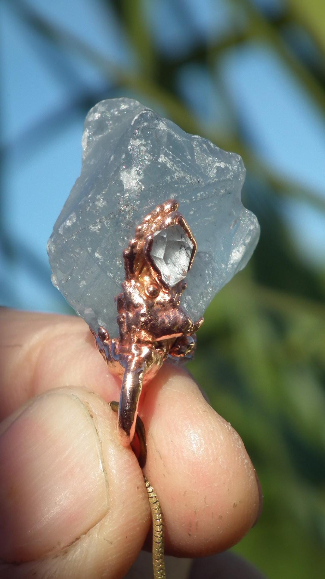 Celestite necklace with Herkimer diamond