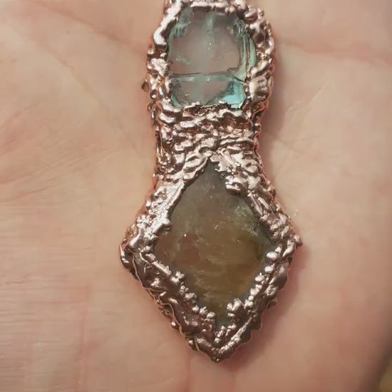 Copper faden Quartz and honey calcite pendant / Electroformed copper