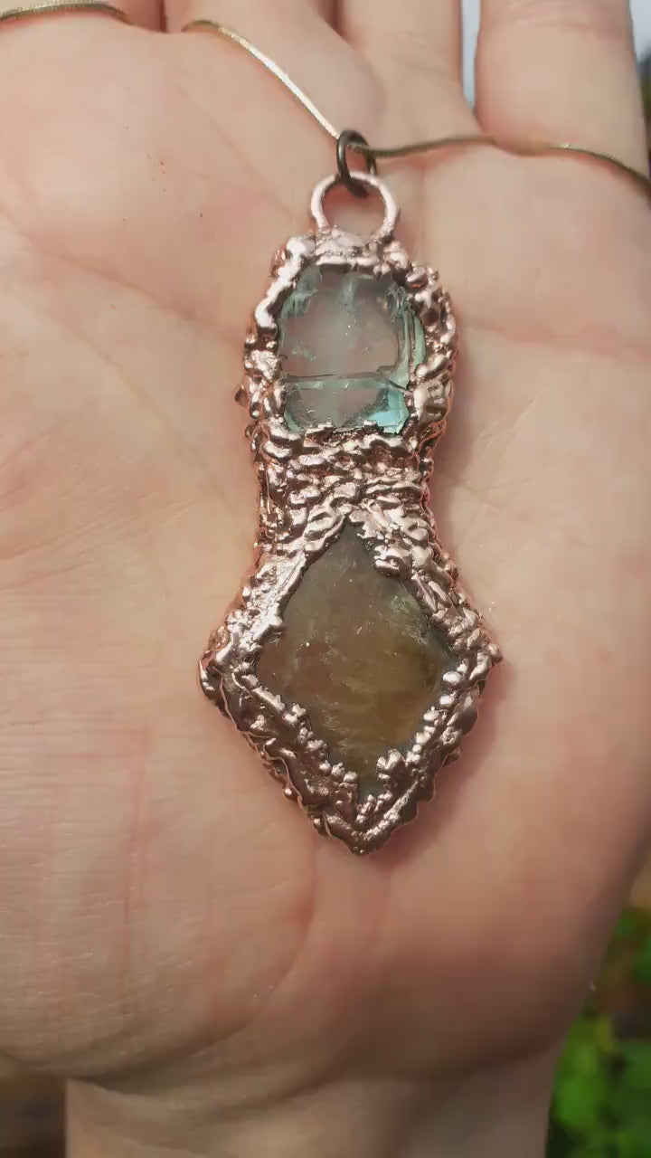 Copper faden Quartz and honey calcite pendant / Electroformed copper