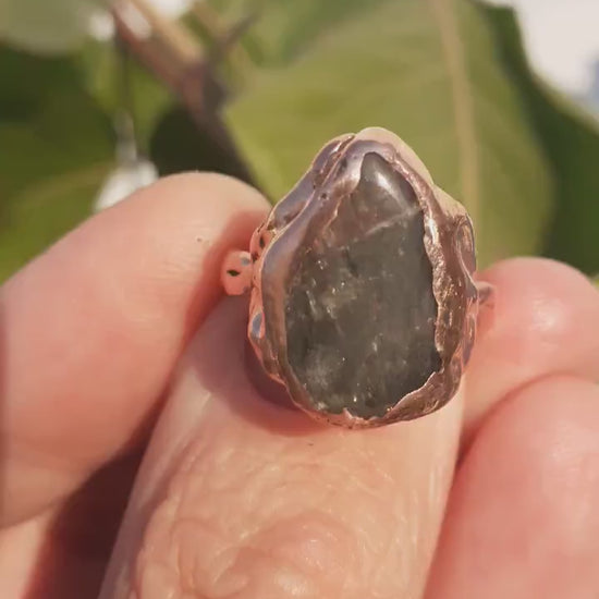 Electroformed copper Super 7 ring / Amethyst cacoxenite