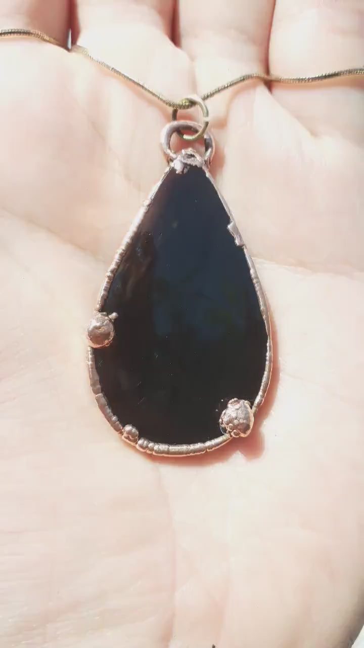 Copper Black obsidian necklace // Electroformed Copper  // Free Copper Chain !