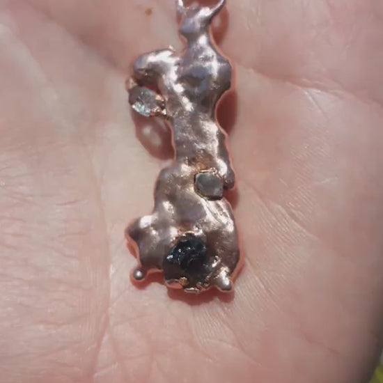 Electroformed Copper moldavite pendant with Herkimer Diamond
