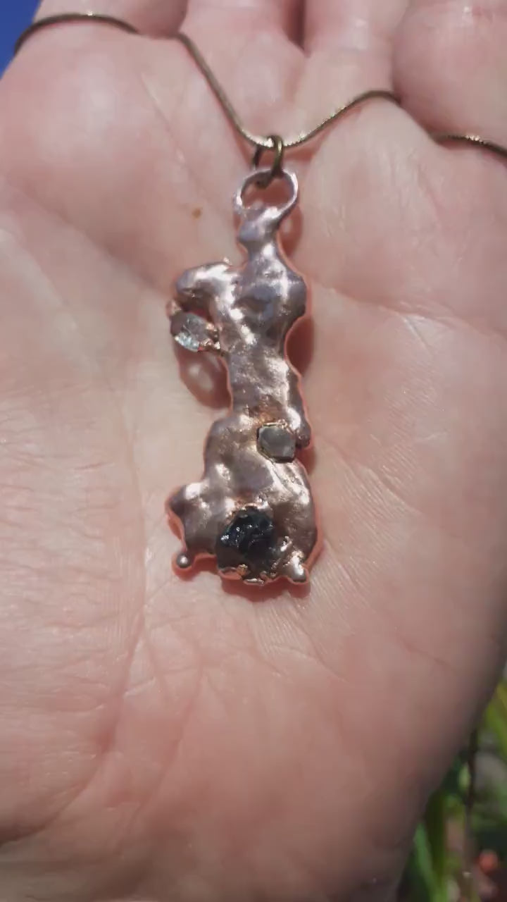 Electroformed Copper moldavite pendant with Herkimer Diamond