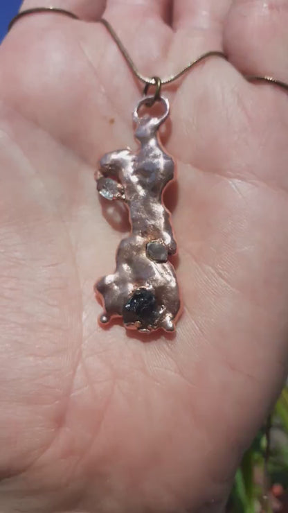 Electroformed Copper moldavite pendant with Herkimer Diamond