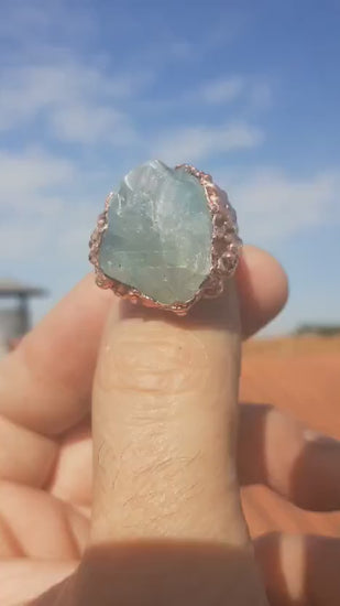 Electroformed  Copper celestite ring / Rough celestite