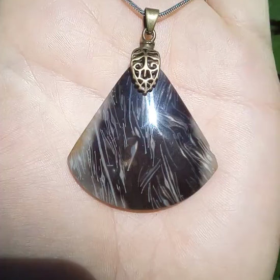 Feather Agate pendant with bronze bail