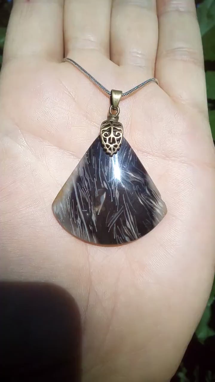 Feather Agate pendant with bronze bail