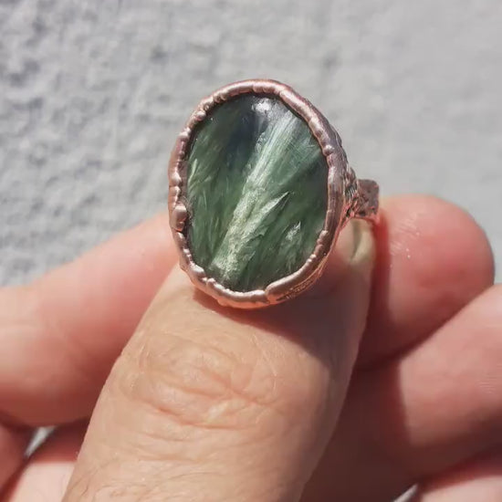 Electroformed  Copper Seraphinite ring // Seraphinite jewelry