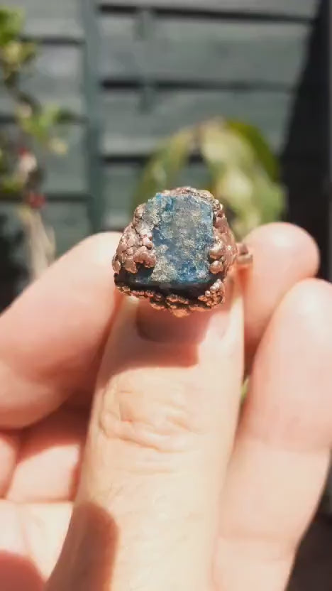 Blue apatite ring /  Electroformed copper / Raw blue apatite