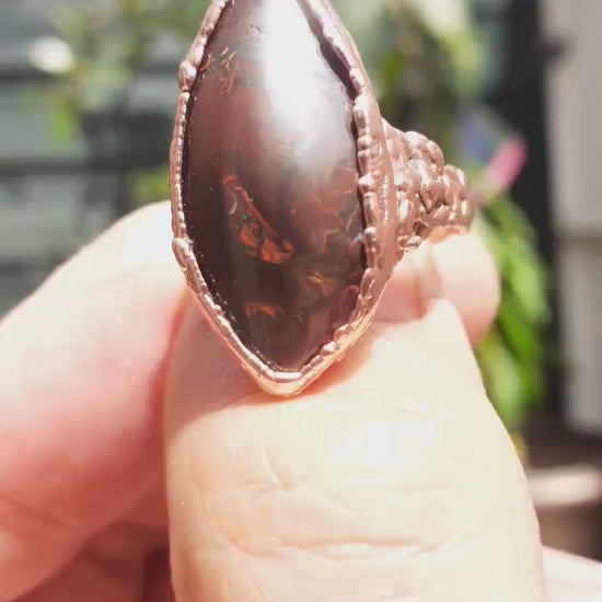 Electroformed copper koroit boulder opal ring