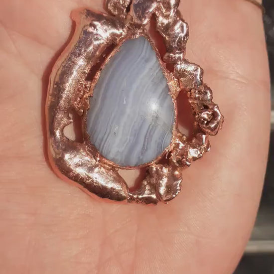 Blue lace agate necklage / red copper / Electroformed copper