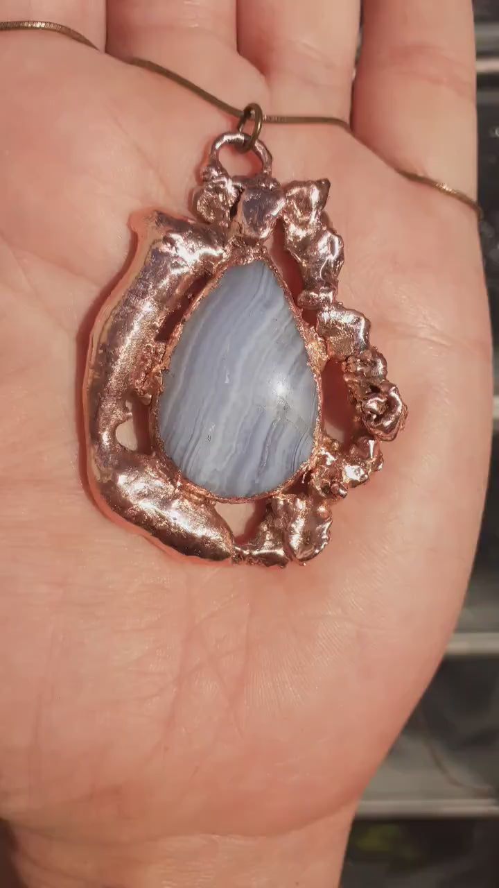 Blue lace agate necklage / red copper / Electroformed copper