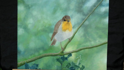 Robin in a holly oil painting, Original oil painting, Bird painting