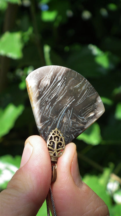 Feather Agate pendant with bronze bail