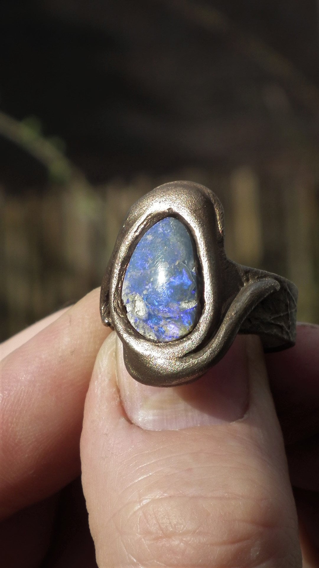 Handmade Bronze blue opal ring with handcut Australian Opal