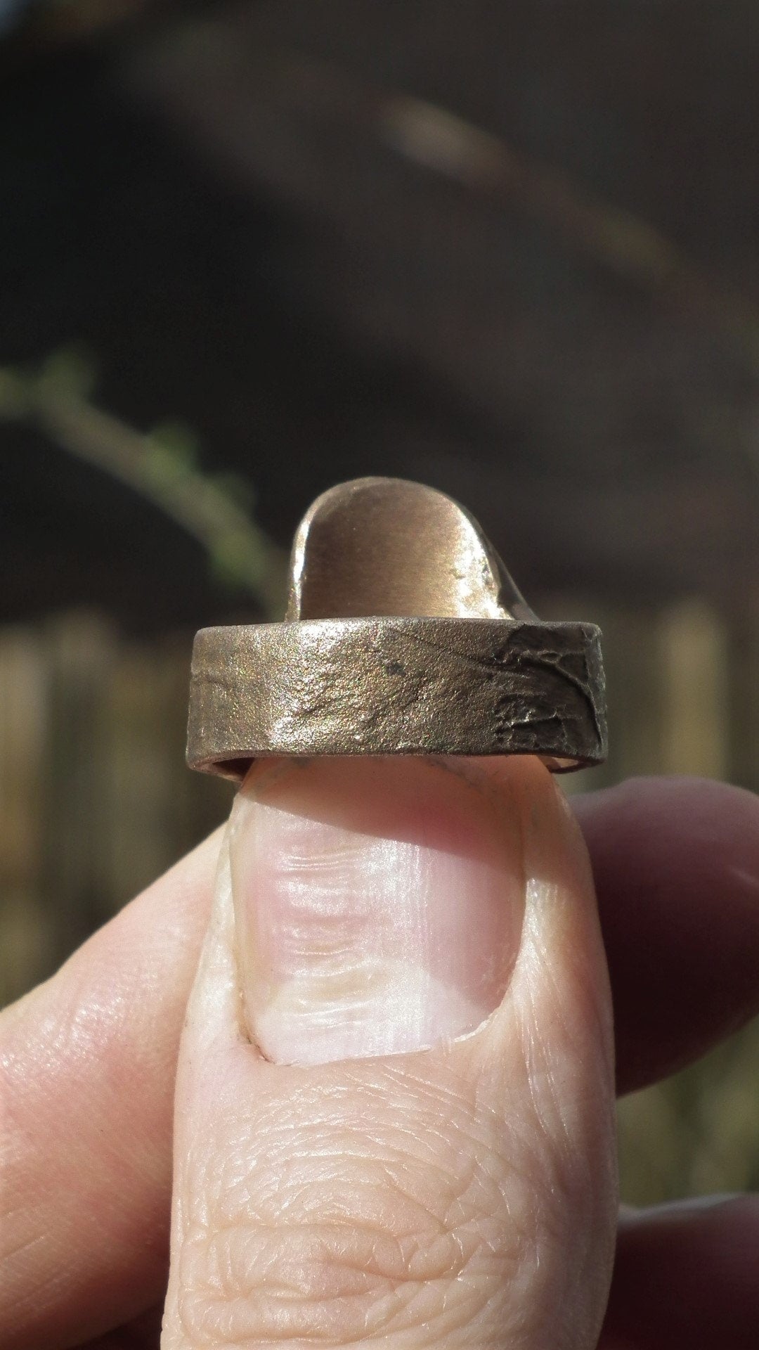 Handmade Bronze blue opal ring with handcut Australian Opal